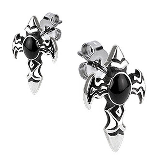 Surgical Stainless Steel Winged Medieval Cross Black Stone Post Earrings 