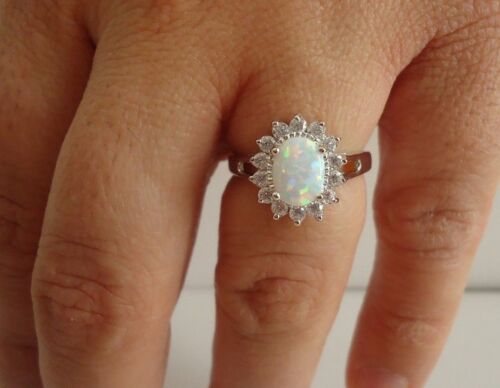 925 STERLING SILVER LADIES OVAL HALO RING W// 1.50 CTS OPAL//DIAMONDS//SIZE 5-9