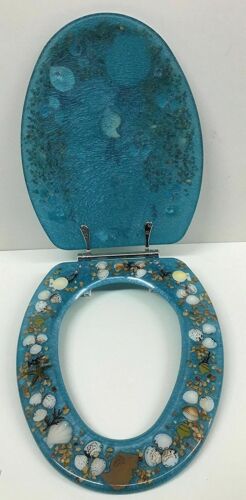 JEWEL SHELL SEASHELL AND SEAHORSE RESIN TOILET SEAT CHROME HINGES ELONGATED