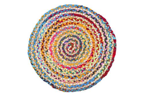 Round Braided Natural & Multi Colour Jute Mat Rugs 60cm Shabby Chic Indian Rug 