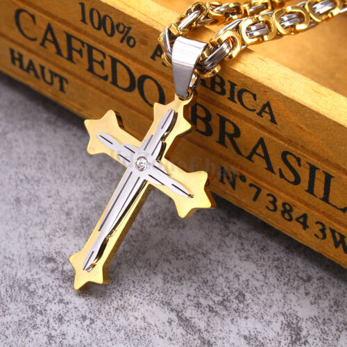 Men Stainless Steel Cross Pendant Gold Silver Black Byzantine Chain Necklace