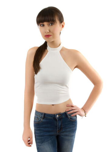White Cropped Choker Neck Halter TopL Heart /& Hips JK30000