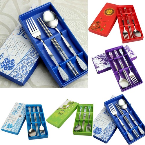 3PCS//Set Stainless Steel Fork Spoon Chopsticks Chinese Kitchen Tableware Gifts