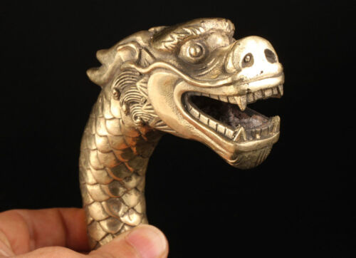 CHINESE OLD COPPER HAND CARVED FEROCITY DRAGON STATUE WALKING STICK HEAD 