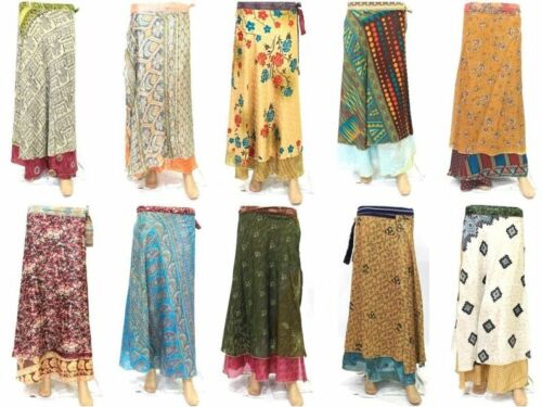 10 PC Indian Beautiful Vintage Silk Skirts Women Long Dress Bohemian Gypsy Sari 