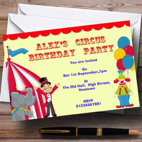Th19 Circus Clown And Tent Theme Personalised Birthday Party Invitations