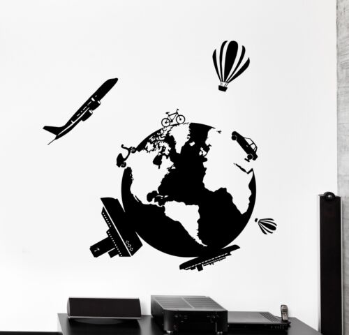 Wall Vinyl Decal Travel World Map Air Balloon Ship Airplane Home Interior Decor 