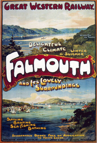 TR60 Vintage Falmouth England GWR Railway Poster Re-Print A4