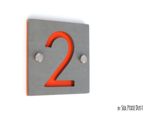 Modern House Numbers Sign One Number Square Concrete with Orange Acrylic