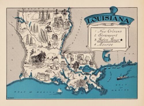 1930s Animated LOUISIANA State Map RARE Map Reprint Map of Louisiana usbl