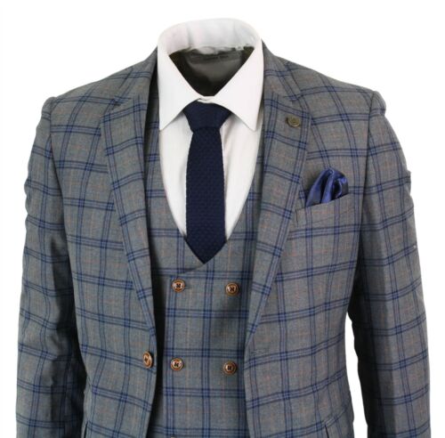 Mens 3 Piece Grey Navy Check Marc Darcy Suit Wedding Prom Double Breasted 
