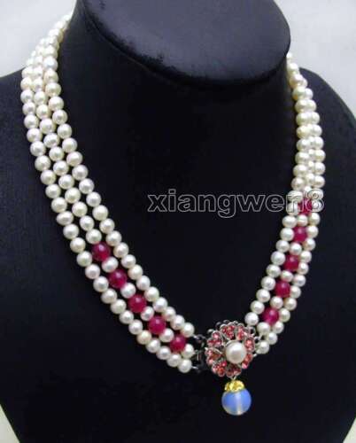 Rose Pink Jade & 6-7mm White Pearl Necklace for Women Jewelry 3 strands 18-19" 