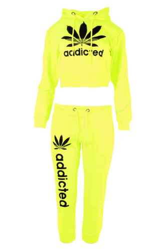 New Womens Ladies Cropped Belly Hoody Top Joggers Bottoms Tracksuit 2 Piece Set 