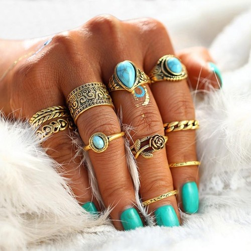 Vintage blue stone Knuckle Ring Set Turquoise Knuckle Bagues Boho Jewelry DD