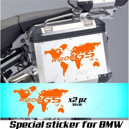 PAIR OF STICKERS WORLD MAP BMW R 1200 GS AC GLOBE FOR SIDE CASES ORANGE