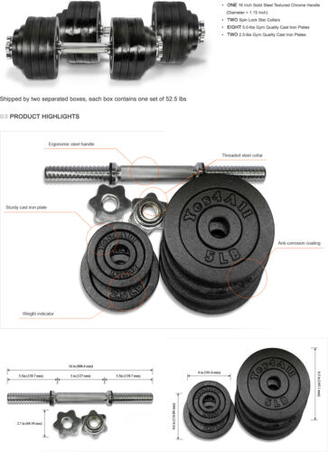 2 x 52.5 LBS Adjustable Cast Iron Dumbbells Weight 105 lbs total ²DWP2C