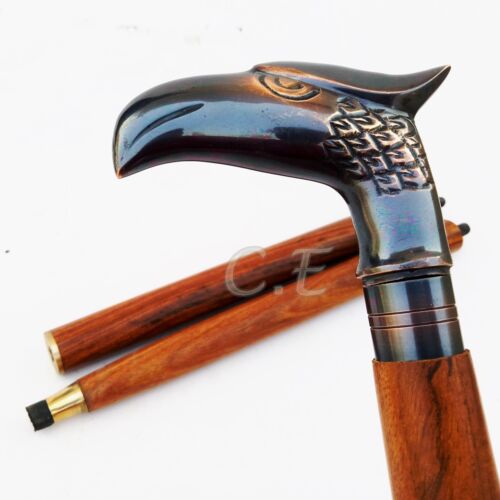 Vintage Antique Eagle Head Brass Handle Walking Cane Wooden Walking Stick Gifts