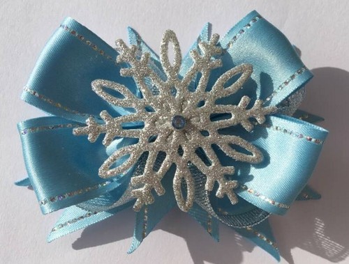 Frozen Elsa Blue Silver Hair Bow Satin Ribbon Snowflake Alligator Clip