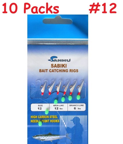 10 Packs taille 12 Sabiki Appât Rigs 6 crochets avec peau de poisson Saltwater pêche leurres