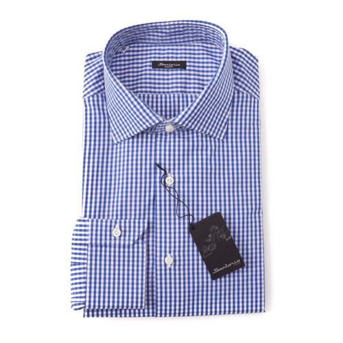NWT $395 SARTORIO NAPOLI Medium Blue Gingham Check Cotton Dress Shirt 16 x 36 