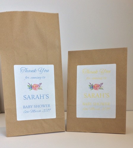 12 x Personalised Baby Shower TREAT Gift Favour Vintage Paper Bags Brown Unisex