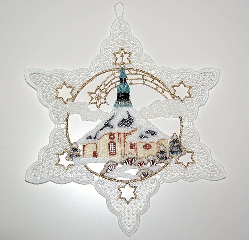 Plauener Spitze Fensterbild Weihnachten Spitzenbild Stickerei Seiffener Kirche