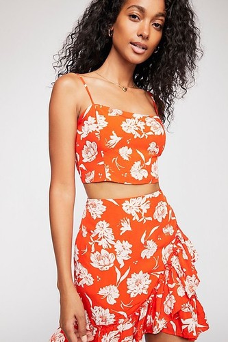 $128 M New Free People I’ve Got A Feeling Floral Set Orange 2-Piece Sz Medium