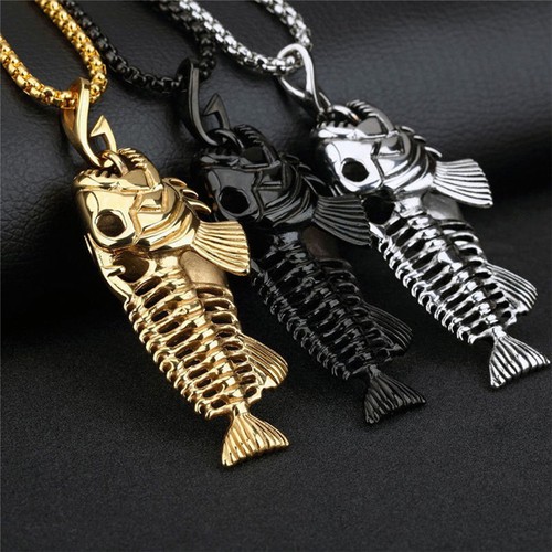Acier inoxydable Arête de poisson poisson entier Squelette Collier Pendentif Chaîne Bijoux