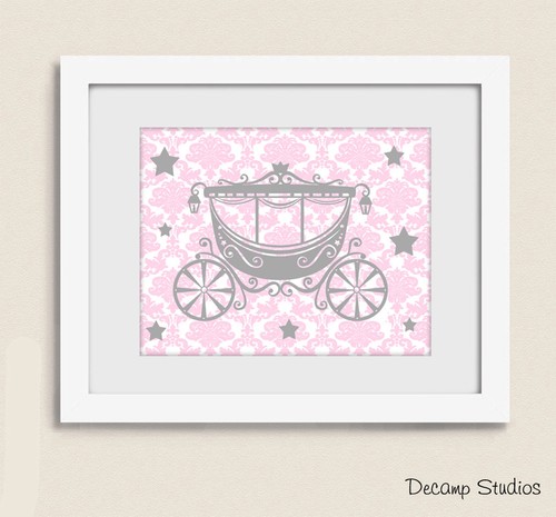 Princess Nursery Print Wall Art Pink Gray Damask Baby Girl Tiara Castle Decor