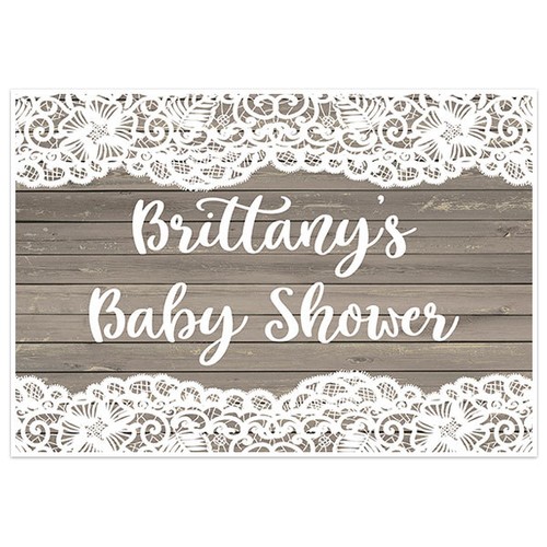 Rustic Wood And White Lace Baby Shower Banner Personalized Custom Party Backd...