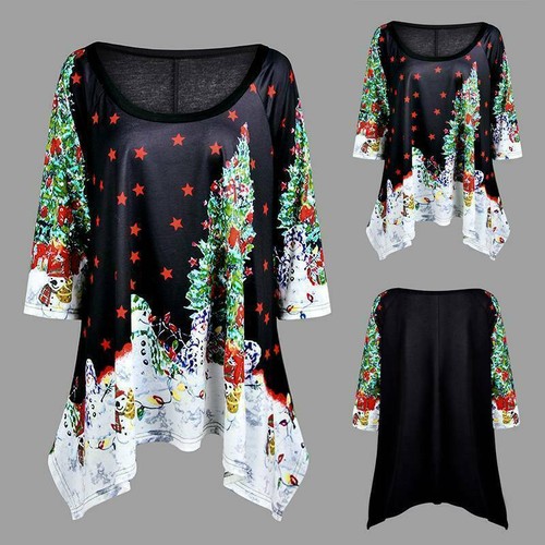 UK Plus Size Women Christmas Tree Tops Ladies Casual Loose Fit Xmas Blouse Shirt