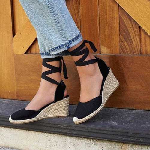 Women Lace Up Wedge Sandals Espadrille Platform Med Heel Summer Casual Shoes USA