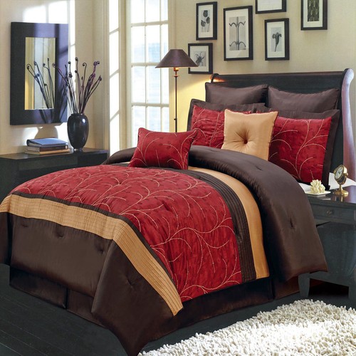 8pc Luxury Red Gold /& Brown Bedroom Comforter Set AND Deco Pillows ALL SIZES