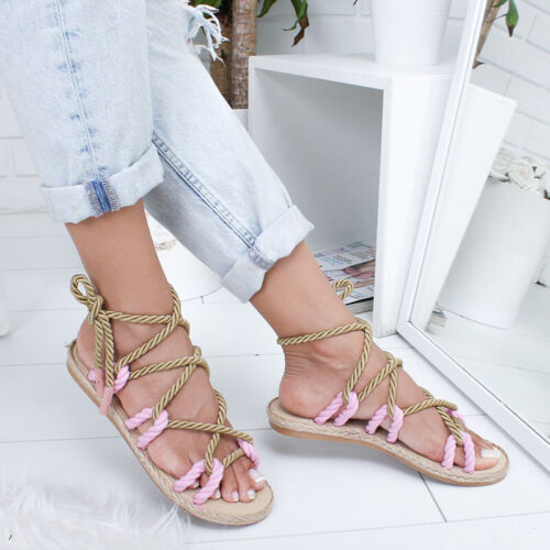 Damen Flach Keilabsatz Sandalen Frauen Riemchen Schlüpfen Schuhe Sommer Strand