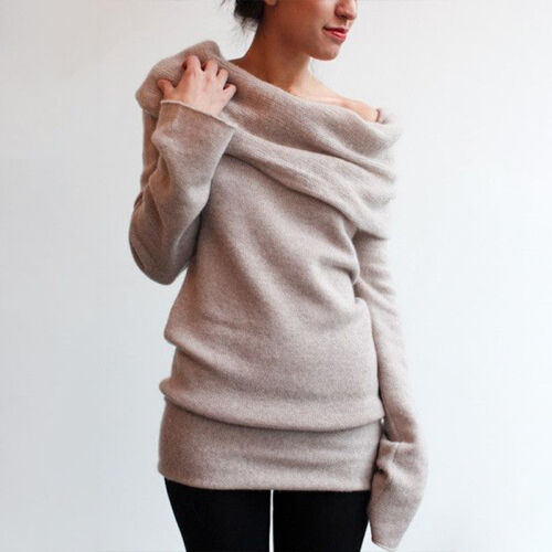 Womens Winter Off Shoulder Long Sleeve Jumper Sweater Tops Bodycon Mini Dresses 