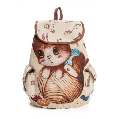 Women Cute Cat Printed Canvas Backpack School Satchel Gift Lovely Knapsack Bag J