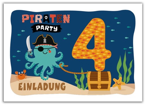Geburtstag vierte Junge Mädchen Kinder Einladungskarten Pirat Piraten zum 4