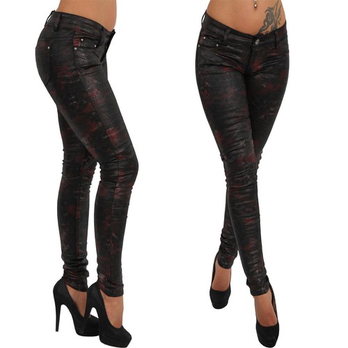 Damen Jeans Hose Rot Lava Schlange Look Strass Hüfthose Röhrenjeans Snake Strech