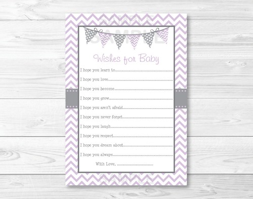 Purple /& Grey Chevron Printable Baby Shower Wishes for Baby Advice Cards