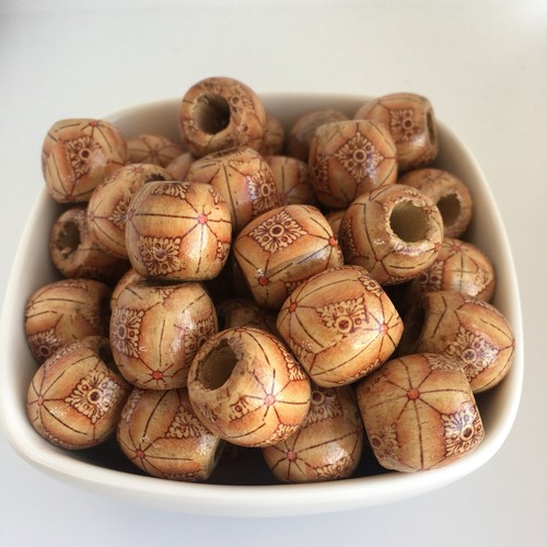 25X Wooden Drum Dread Lock Beads 18x17mm Patterned Pony Macrame Wood Bead