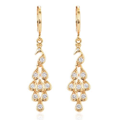 Femmes Beauté Peacock 18K Or Plaqué Zircone Cubique Long Boucles D/'Oreilles Pendantes Bijoux