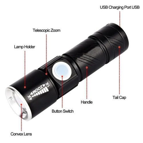 Ultra Bright LED Light Tactical Zoomable Torch USB Rechargeable Flashlight Lamp
