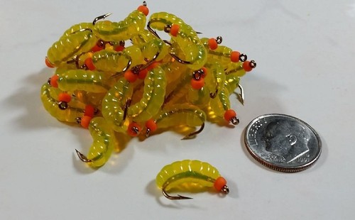 Trout Crappie Pan Fish 12 Orange BH Rubber Wax Worm Grub FL Yellow Wet Fly