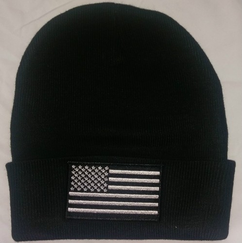 Thin Blue Line Police Law Enforcement Fold Over Knit Cap Beanie hat USA Flag