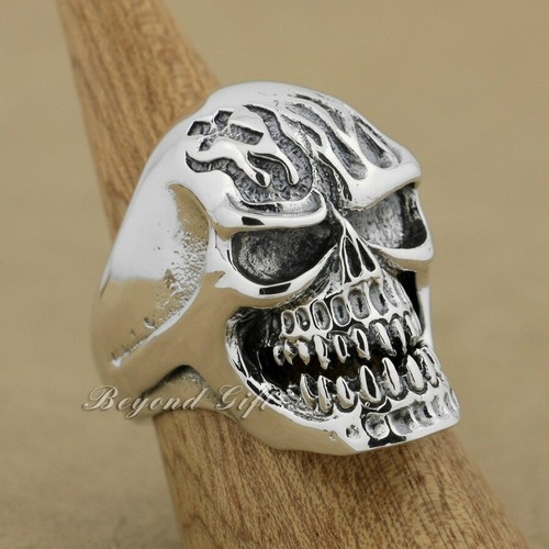 Details about / 925 Sterling Silver Handmade Skull Cross Flame Mens Biker Punk Ring 9Q019D