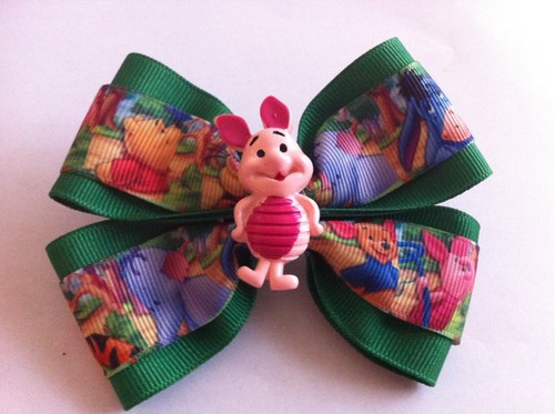 Girls Hair Bow 4/" Wide Winnie the Pooh Green Ribbon Piglet French Barrette
