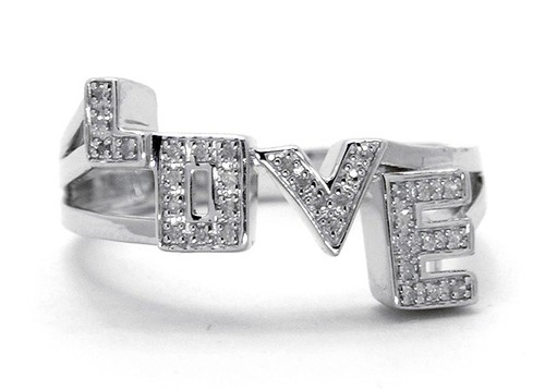 Ladies White Gold Finish Diamond Promise Love Word Heart Fashion Designer Ring