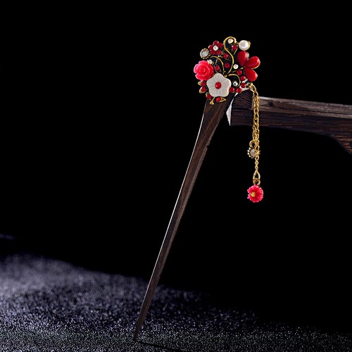 Women Vintage Chinese Crystal Chopsticks Wooden Hair Stick Hairpin Chain Flower