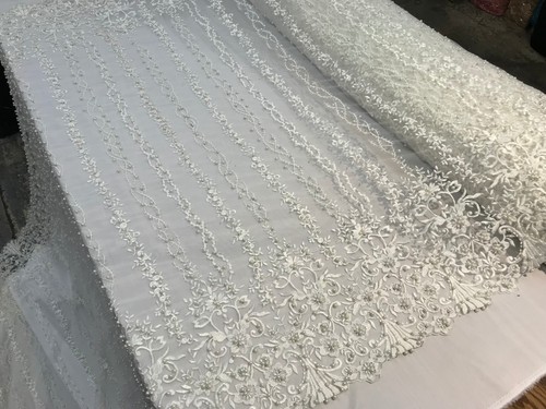 White Design Beaded Fabric,Lace bridal prom dress By The Yard-Embroider