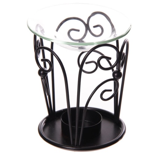 NEW BLACK METAL OIL BURNER WITH GLASS DISH SPIRAL PATTERN DESIGN OB227